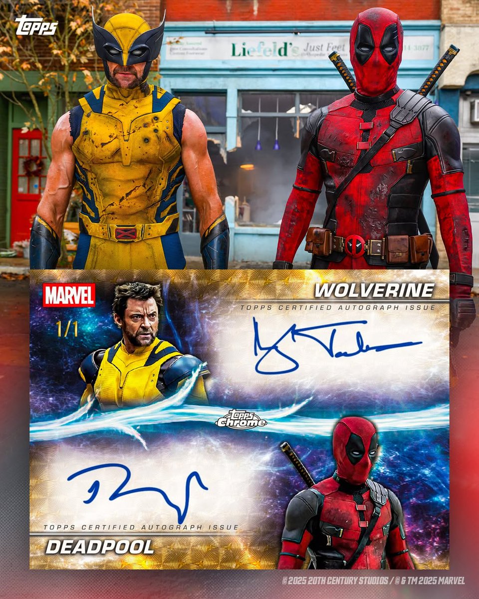 Topps's tweet image. JUST IN: Deadpool (Ryan Reynolds) and Wolverine (Hugh Jackman) have joined forces for a 1/1 dual autograph card 🤯

Available Dec. 23 in 2025 Topps Marvel Studios Chrome!