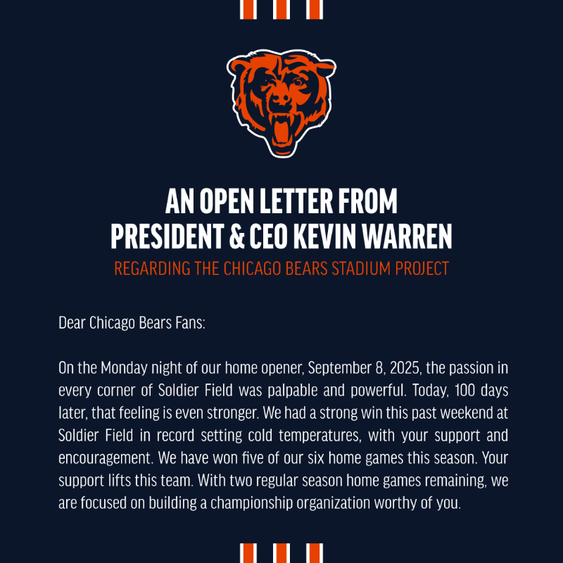 ChicagoBears's tweet photo. An open letter from President &amp; CEO Kevin Warren regarding our stadium project ⤵️