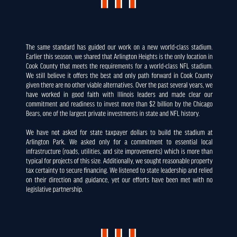 ChicagoBears's tweet photo. An open letter from President &amp; CEO Kevin Warren regarding our stadium project ⤵️