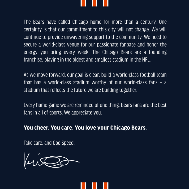 ChicagoBears's tweet photo. An open letter from President &amp; CEO Kevin Warren regarding our stadium project ⤵️