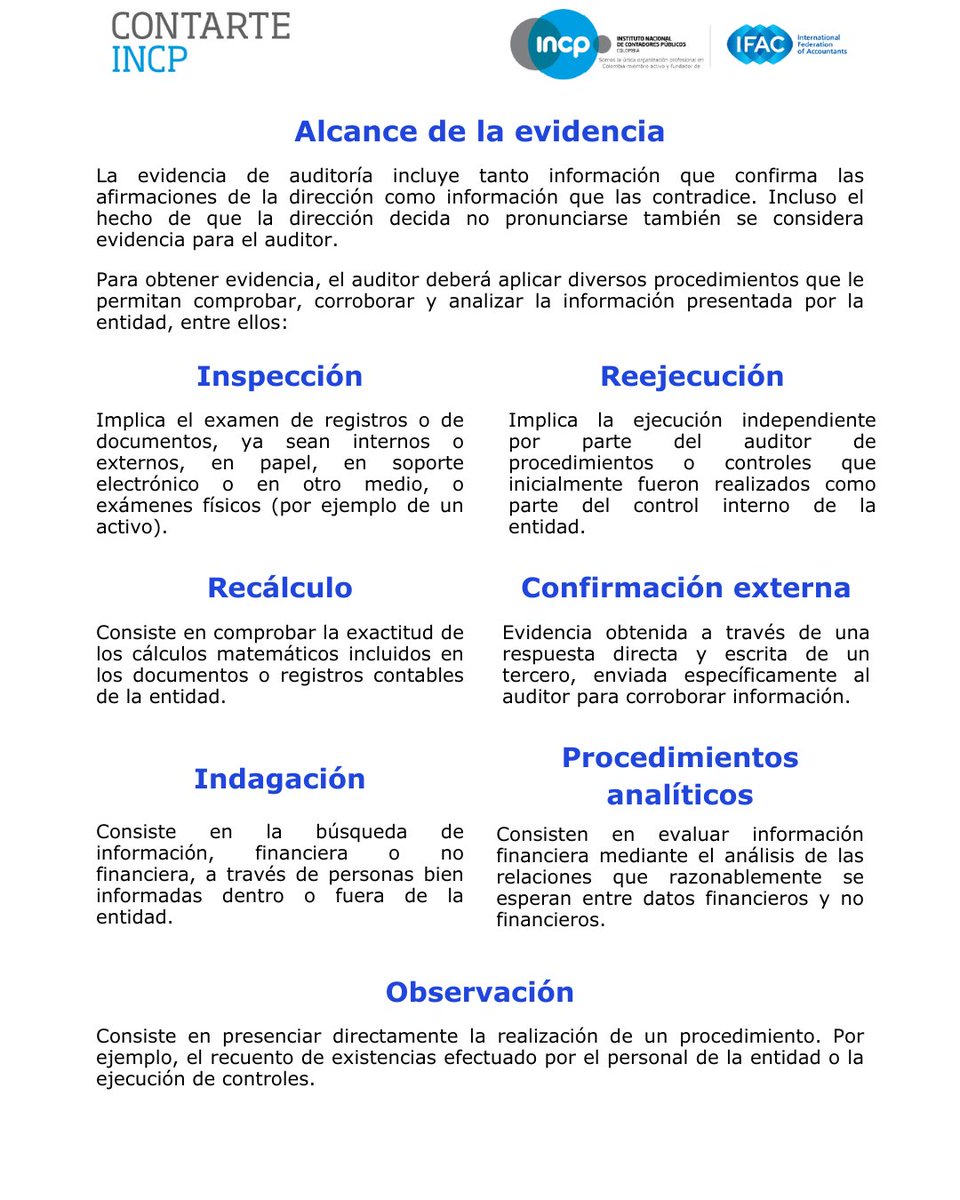 #ContarteINCP  La evidencia de auditoría es la base que sustenta la opinión del auditor. Conoce los tipos de evidencia, cómo se obtienen y por qué son fundamentales para evaluar la razonabilidad de los estados financieros.

contarte.incp.org.co/contenidos/tri…