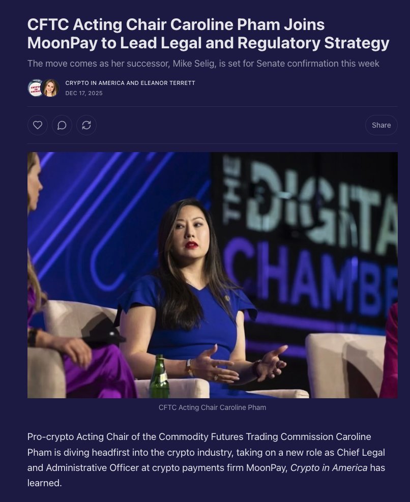 BULLISH ON THE FUTURE OF CRYPTO thank you to @EleanorTerrett for breaking  the news about @CarolineDPham joining MoonPay in @CryptoAmerica_!!!