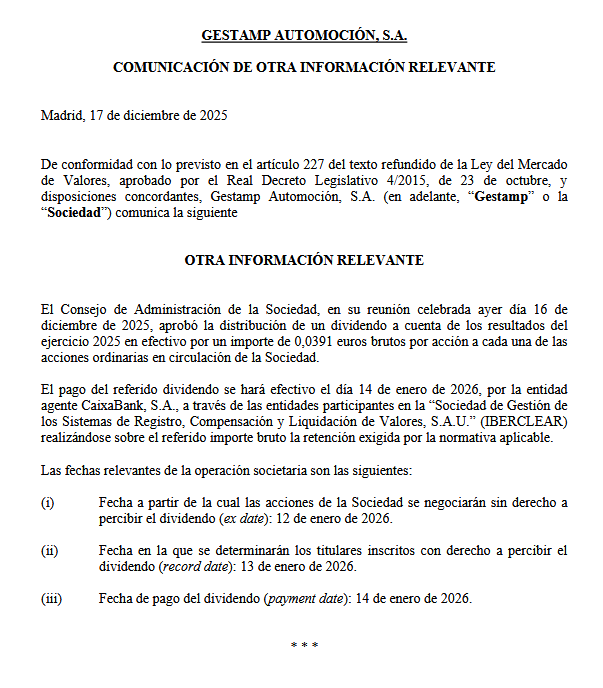 iparatx's tweet photo. El próximo miércoles 14 de enero de 2026, @gestamp_es abonará en efectivo 0,0391€ brutos por acción
Supone un -19,38% respecto a lo abonado el año pasado de 0,0485€, o los 0,07€ brutos de 2023. Esto da una medida de la debilidad del sector
$GEST #OperationFortitude #Gestamp https://t.co/SyinJ00ztd