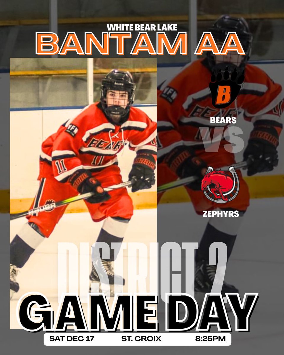 GAMEDAY!  As we travel to #StillwaterAA for a D2 tilt 🐻‍❄️🐻‍❄️🐻‍❄️
🗓 12/17/2025
⏰️ 8:25pm
🆚️ Stillwater AA
📍 St. Croix Valley Rec Center
#GoBears 

<a href="/YouthHockeyHub/">YHH</a> <a href="/WBLYouthHockey/">White Bear Lake Youth Hockey</a>