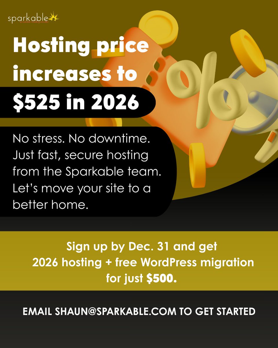 sparkable's tweet image. ⚠️ Heads up! Our hosting prices are going up soon. Lock in your current rate today and keep your website fast, secure, and worry-free without paying more. 💻🛡️

Don’t wait—secure your plan now! 🚀