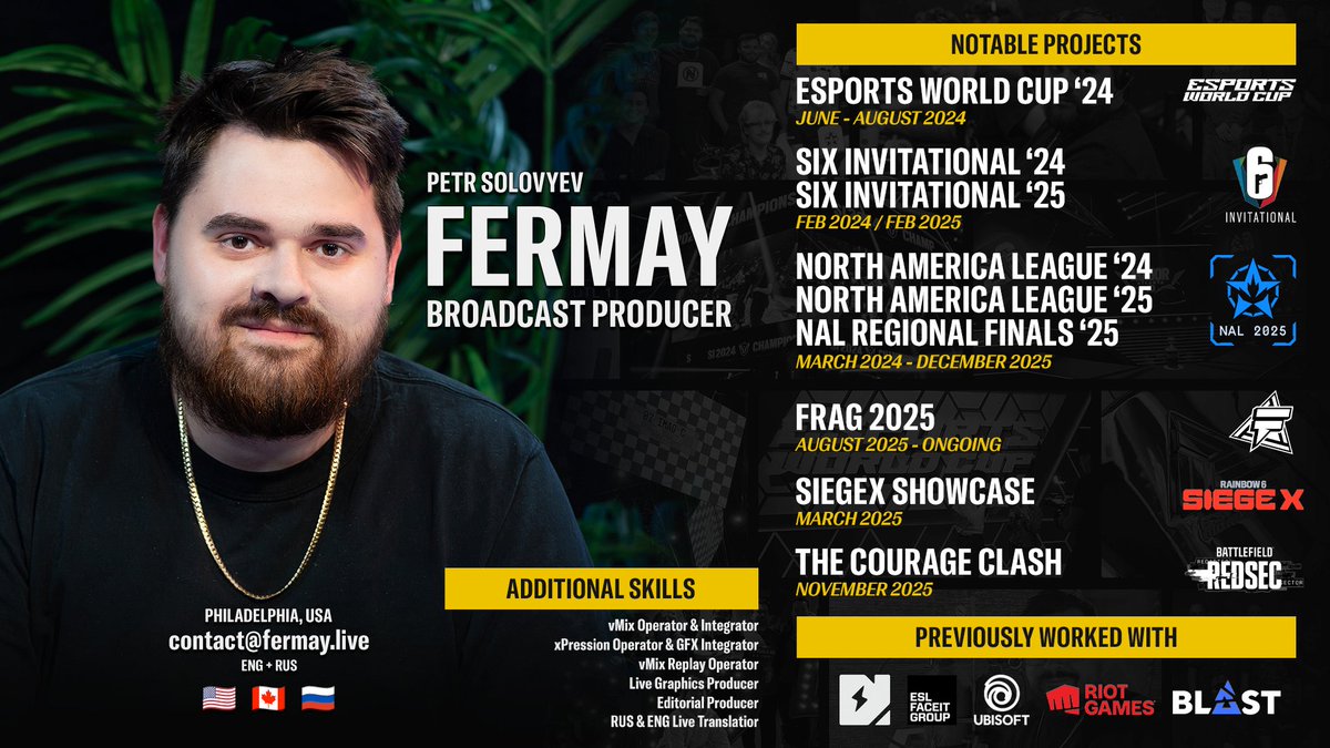 FermayDotLive's tweet image. As 2026 approaches I'm happy to announce that I'll be looking for freelance work opportunities in the esports landscape!

I'm open to offers of any size as I truly love developing and executing esports events.

Let's make history together

DMs OPEN!

🔁 / ♥️ &amp;amp; Vouches Appreciated
