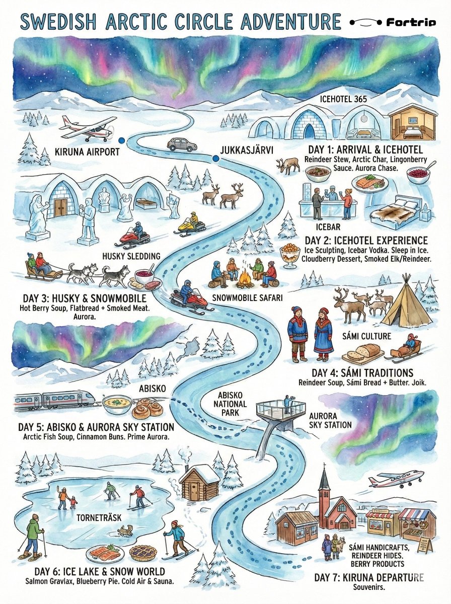 fortripai's tweet photo. 🇸🇪Swedish Arctic｜7-Day Polar Night Fairy-Tale Route

Save this if you dream of the Arctic!
December in Sweden = Icehotel, Sámi culture, huskies, snowmobiles, and some of the world’s most reliable Northern Lights.
No sunrise, deep silence, snow that absorbs sound — a true polar-night world. ❄️✨

📅 Day 1 — Arrive Kiruna → Jukkasjärvi

20-min drive from the airport.
Check into Icehotel 365 (ice room or warm room).
Evening: first aurora hunt — often visible by simply walking outside.
Food: reindeer stew, Arctic char, lingonberry sauce.

📅 Day 2 — Icehotel Immersion

Guided ice-art tour with installations rebuilt every winter.
Icebar vodka in ice glasses.
Try ice-sculpting.
Night aurora watching.
Unique: sleep in a –5°C ice room with warm sleeping bags + reindeer hides.
Food: cloudberry desserts, smoked elk/reindeer.

📅 Day 3 — Husky Sledding + Snowmobile

Husky sledding across silent white plains.
Snowmobile through Arctic wilderness.
Sámi camp snacks + night aurora chase.
Food: hot berry soup, flatbread + smoked meat.

📅 Day 4 — Sámi Culture

Visit reindeer farm.
Learn traditional clothing, joik singing, Arctic life skills.
Reindeer sledding.
Food: reindeer soup, Sámi bread.

📅 Day 5 — To Abisko (Aurora Capital)

Train/transfer 1.5–2 hrs.
Snow hike in the national park.
Evening at Aurora Sky Station — one of the planet’s highest aurora success rates.
Food: Arctic fish soup, cinnamon buns.

📅 Day 6 — Frozen Lakes + Sauna Rituals

Walk on Torneträsk frozen lake.
Snowshoe or cross-country ski.
Sauna + cold-air plunge.
Final aurora night.
Food: salmon gravlax, blueberry pie.

📅 Day 7 — Return to Kiruna

Shop for reindeer hides, Sámi crafts, Arctic berry products.
Fly out.

🌌 Why December?

1️⃣ True polar night — no sunrise, perfect Arctic mood.
2️⃣ One of the best aurora months (stable –5°C to –15°C).
3️⃣ Icehotel at its peak: fresh ice art + best light effects.
4️⃣ All winter activities fully open but gentler than Jan–Feb.
5️⃣ Christmas coziness + Arctic solitude = Nordic mythology vibes.

#Sweden #ArcticCircle #Icehotel #Kiruna #Abisko #AuroraBorealis
#HuskySledding #SamiCulture #PolarNight #SwedishLapland #WinterTravel #Fortripai