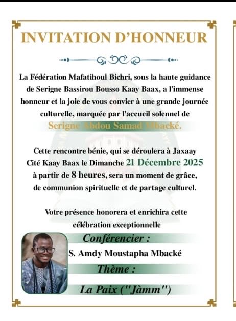 AmdyMback's tweet photo. Grande journée culturelle et spirituelle
🗓 21 déc. 2025 | ⏰ 8h
📍 Jaxaay – Cité Kaay Baax
🎤 Conférence : La Paix (Jàmm)
🤍 Ensemble pour le partage et la cohésion. https://t.co/CRIheAk2M9
