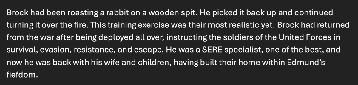 devinsrose's tweet image. Began writing Book #4 of The Fiefdom Chronicles today. This will be the penultimate book in the series, so I need things in place for the series climax in book 5.

This is raw, first draft, unedited paragraph. I sent it to a buddy of mine who is a SERE specialist in real life and…
