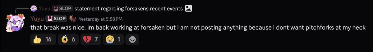 Forsaken_News's tweet image. A message from Yuyu.