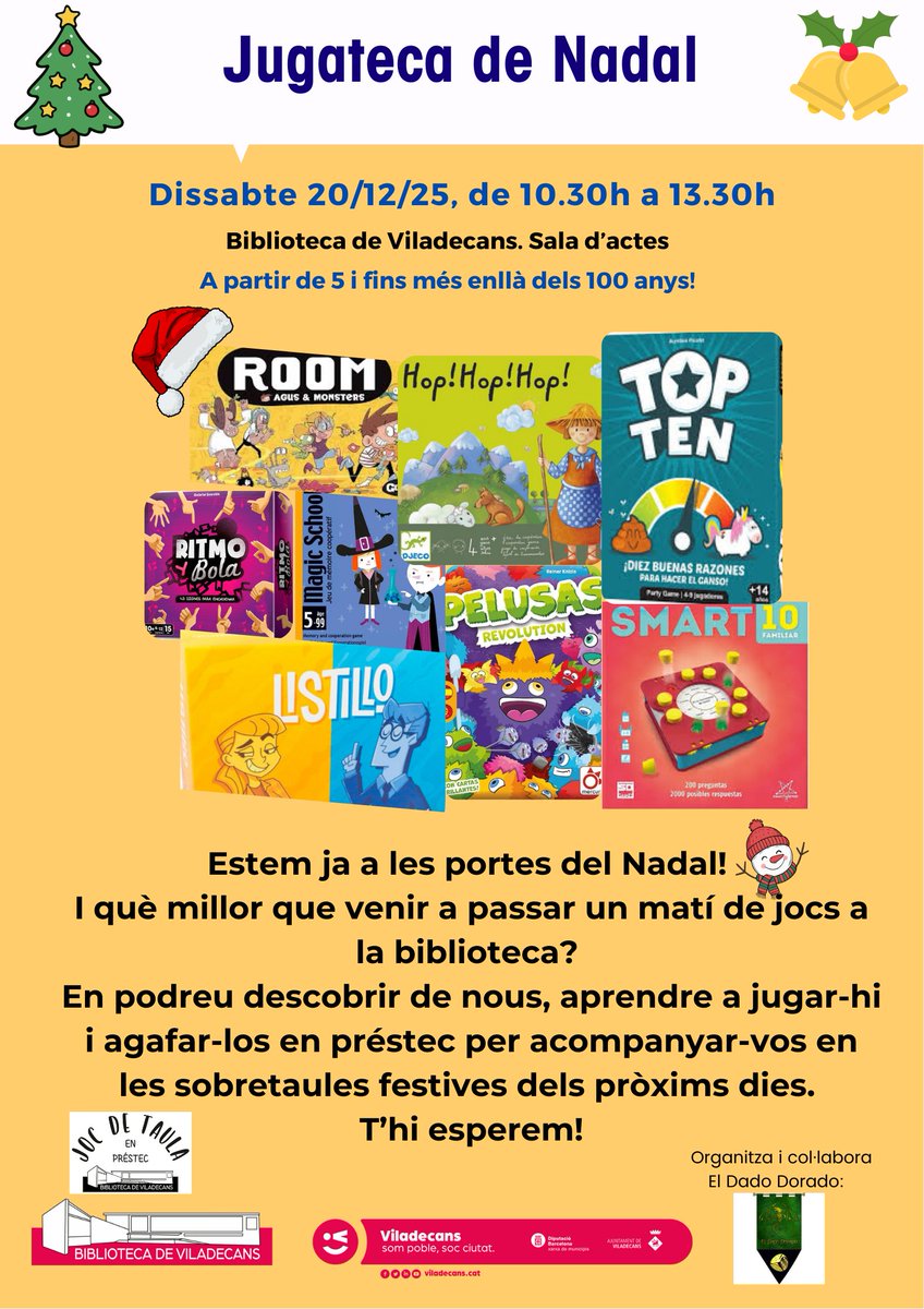 ¡Este sábado realizaremos nuestra última actividad del año dinamizando una vez más la ludoteca que la Biblioteca de Viladecans dispone para todos los usuarios y que pueden llevarse de préstamo a casa! Os esperamos de 10:30 a 13:30.