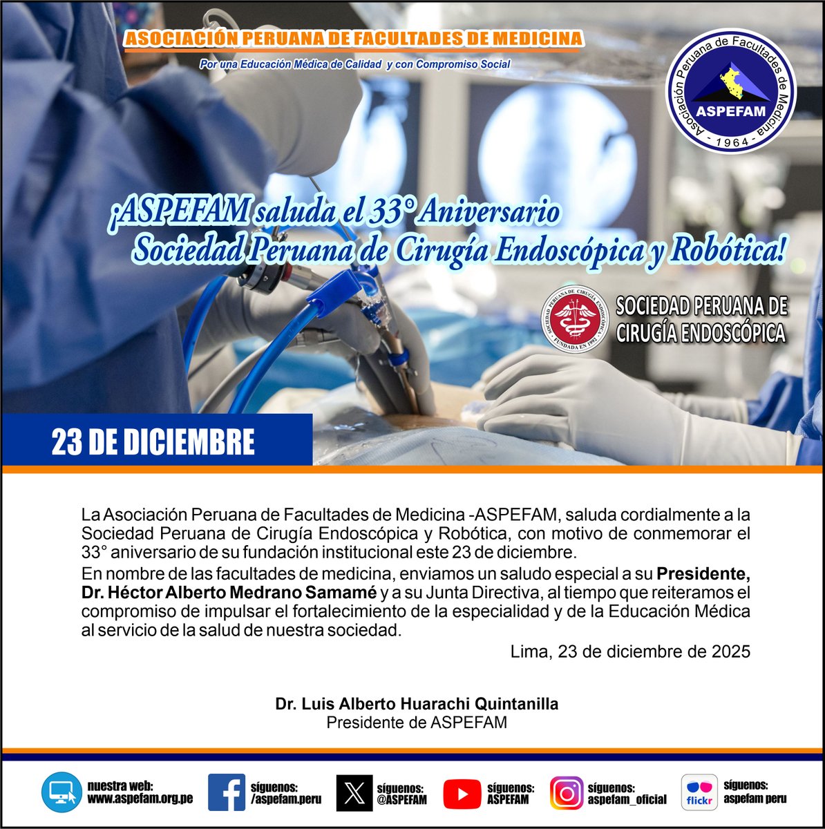 ASPEFAM's tweet image. ✅ ¡ASPEFAM saluda el 33° Aniversario Sociedad Peruana de Cirugía Endoscópica y Robótica!
➡️ Ver saludo: goo.su/55sBmoH
➡️ Noticias: aspefam.org.pe/prensa.htm
#AspefamPeru #EducacionMedica