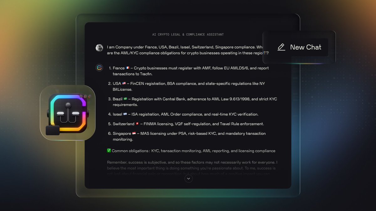 Introducing the Crypto Compliance Assistant inside AI Hub v2. Instant,  accurate, jurisdiction-specific guidance across 100+ countries. → No  delays. No guesswork. No outdated info. Get real time clarity for launches,  exchanges, fundraising,