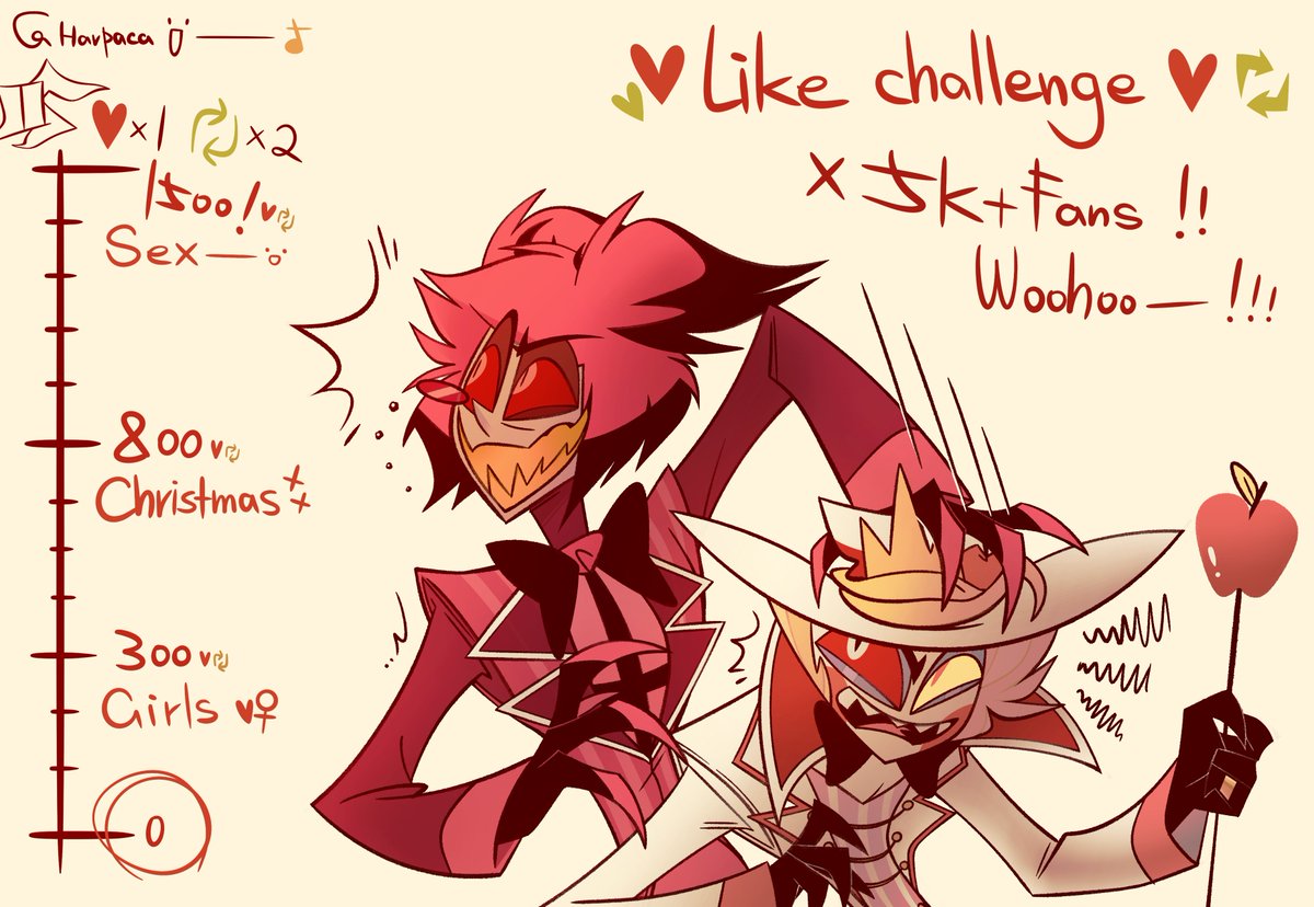 There's also a like challenge! I've been wanting to draw this for a while, you know❤️❤️
#appleradio #AlastorHazbinHotel 
#LuciferxAlastor #Lucifer