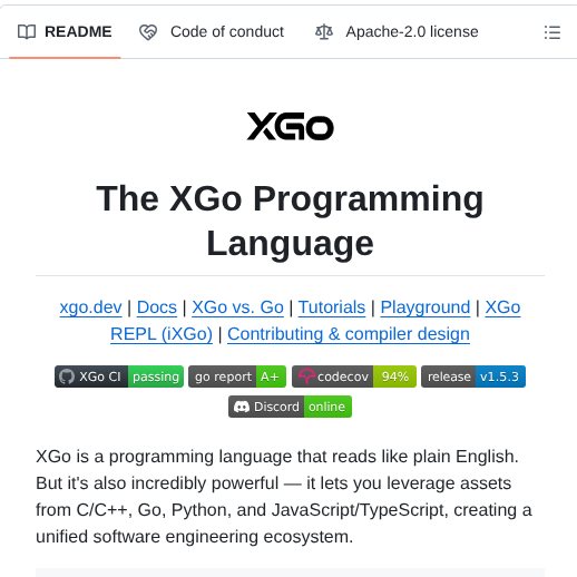 tom_doerr's tweet image. Programming language integrating C, Go, Python, and JavaScript

github.com/goplus/xgo/