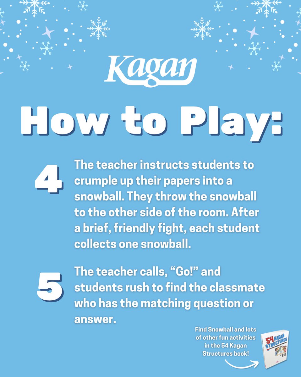 KaganOnline's tweet image. SNOW much fun ahead ❄️ Snowball gets students thinking, moving, and collaborating – all while having a blast!

#kagan #kaganstructures #cooperativelearning #classroomideas #classroomactivities #engagedlearning #brainbreak #teacherideas #teacherinspo #classroomgames