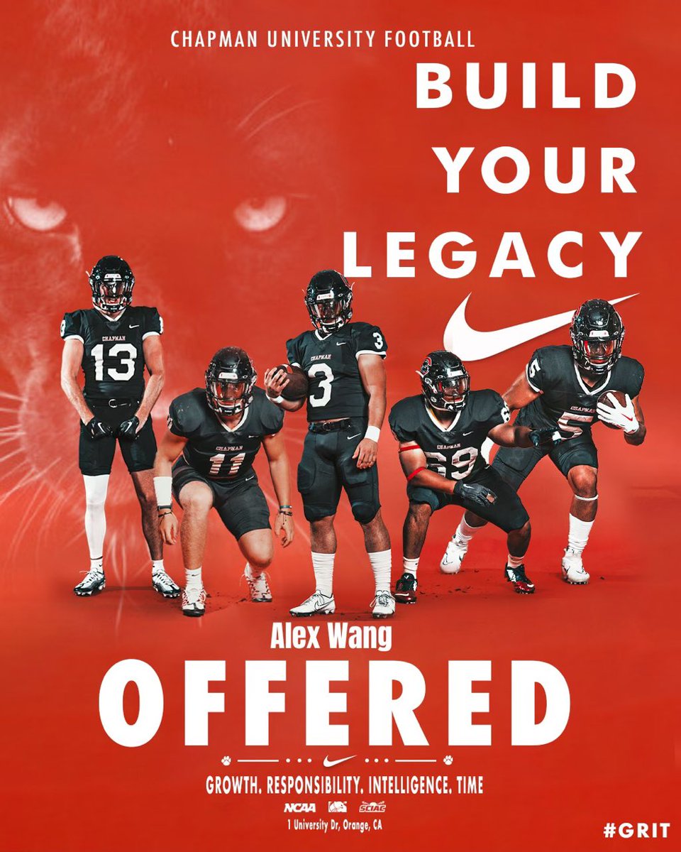 alexwang58's tweet photo. After a great conversation with Coach Williams, I’m honored to announce I’ve received an offer from @Chapman_Fb! Thank you to @iclw5582 for believing in my abilities! https://t.co/kzDuqdIDFd