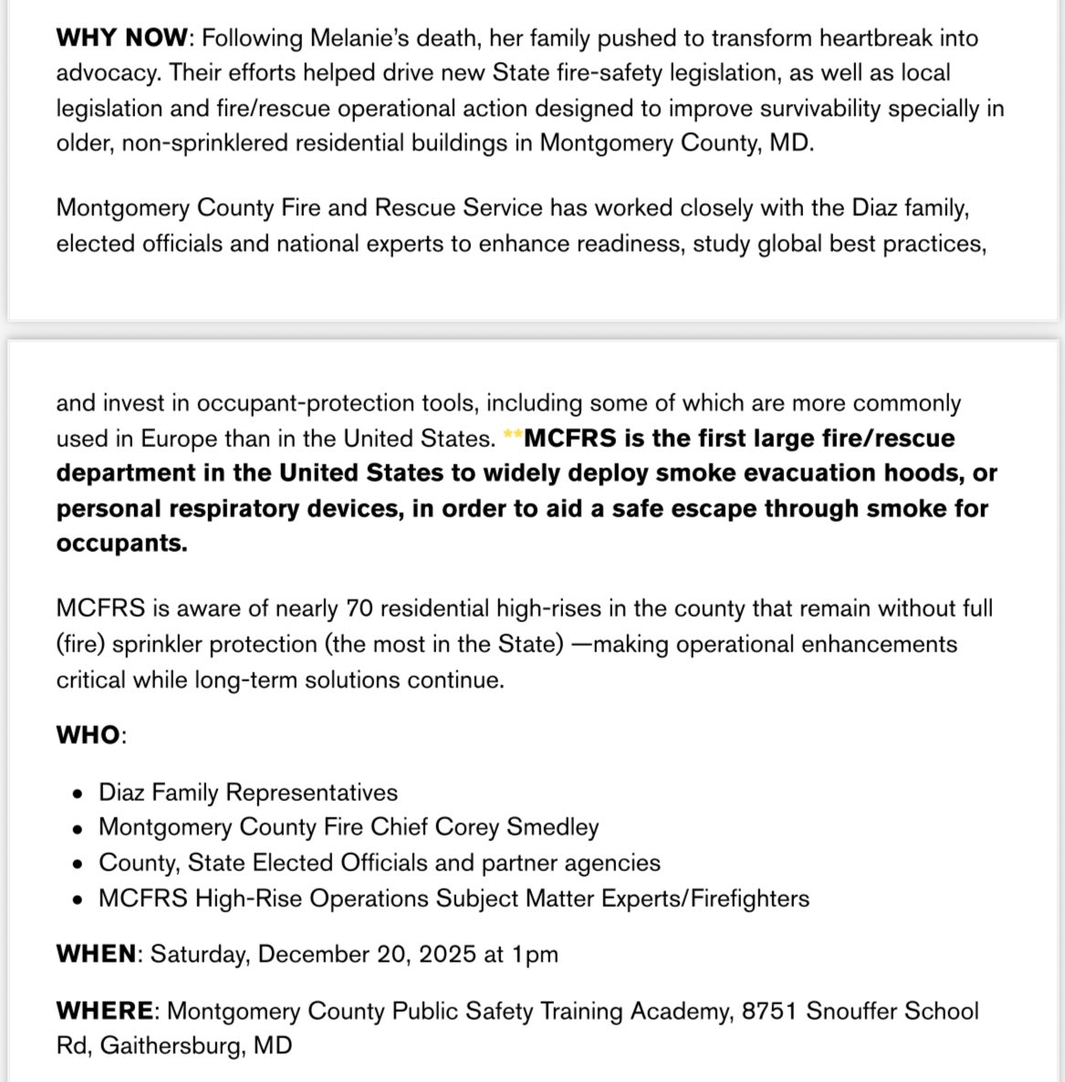 Montgomery County Fire &amp; Rescue Service has deployed three groundbreaking, life-saving tools that during fire in high rise buildings can reduce risk for both residents &amp; first responders: floor-below nozzles, portable smoke curtains &amp; personal community escape hoods