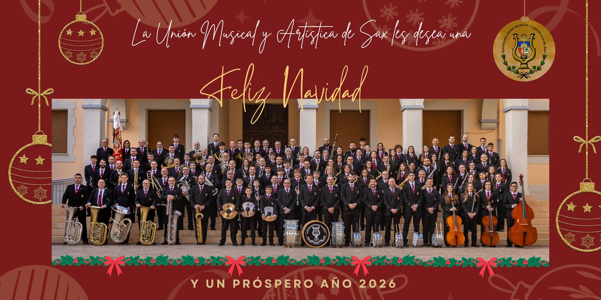 Desde la Unión Musical y Artística de Sax queremos daros las gracias por vibrar con nuestra música un año más. Os deseamos una Feliz Navidad y un 2026 lleno de música. 🎶

​¡Felices fiestas y próspero 2026! 🥂🎄
