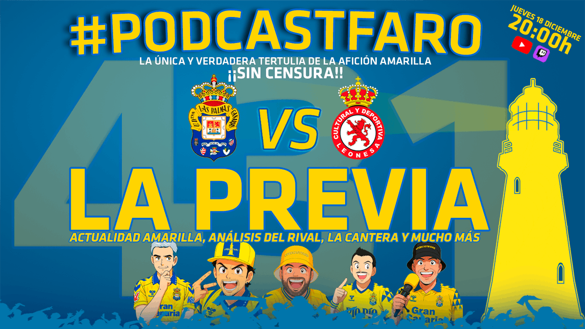 ¡Buenos días, Faro!
➡️ Esta tarde tenemos la 𝗣𝗥𝗘𝗩𝗜𝗔 de la Afición para analizar TODO sobre #LasPalmasCultural, la Cantera y mucho más

No te lo pierdas👇🏾
📅 𝗘𝗦𝗧𝗔 𝗧𝗔𝗥𝗗𝗘
🕣 𝟮𝟬:𝟬𝟬𝗵‼️
📺 Twitch y YouTube