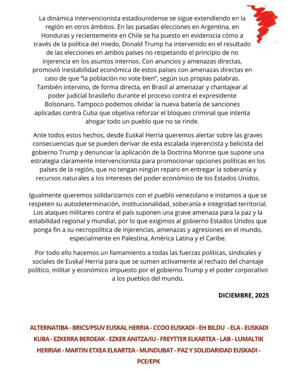 Rechazamos la política de injerencia e intervencionismo estadounidense contra Venezuela y la región.

Defendemos la soberanía de los pueblos y expresamos nuestra solidaridad con el pueblo venezolano.