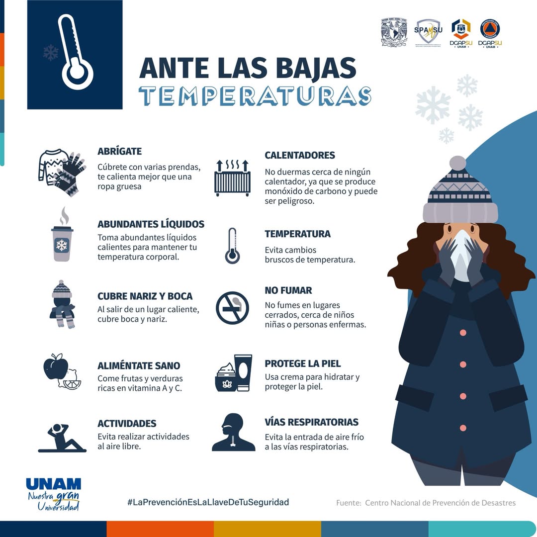 ❄️ Ante el descenso de temperatura, tu seguridad es lo primero. Consulta las medidas preventivas que <a href="/PCUNAM/">Protección Civil UNAM</a> tiene para ti. ⬇️