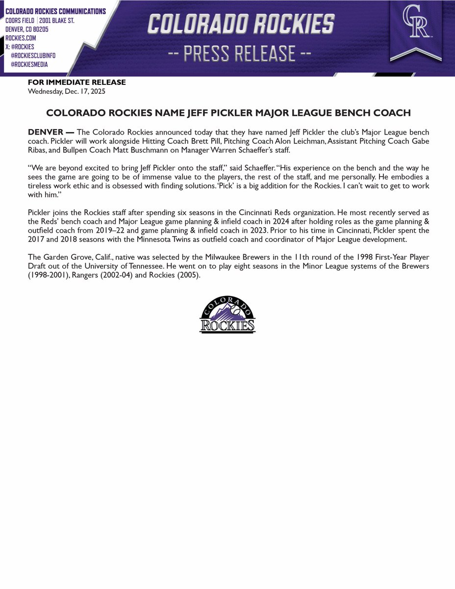 RockiesClubInfo's tweet image. The Colorado Rockies announced today that they have named Jeff Pickler the club’s Major League bench coach.