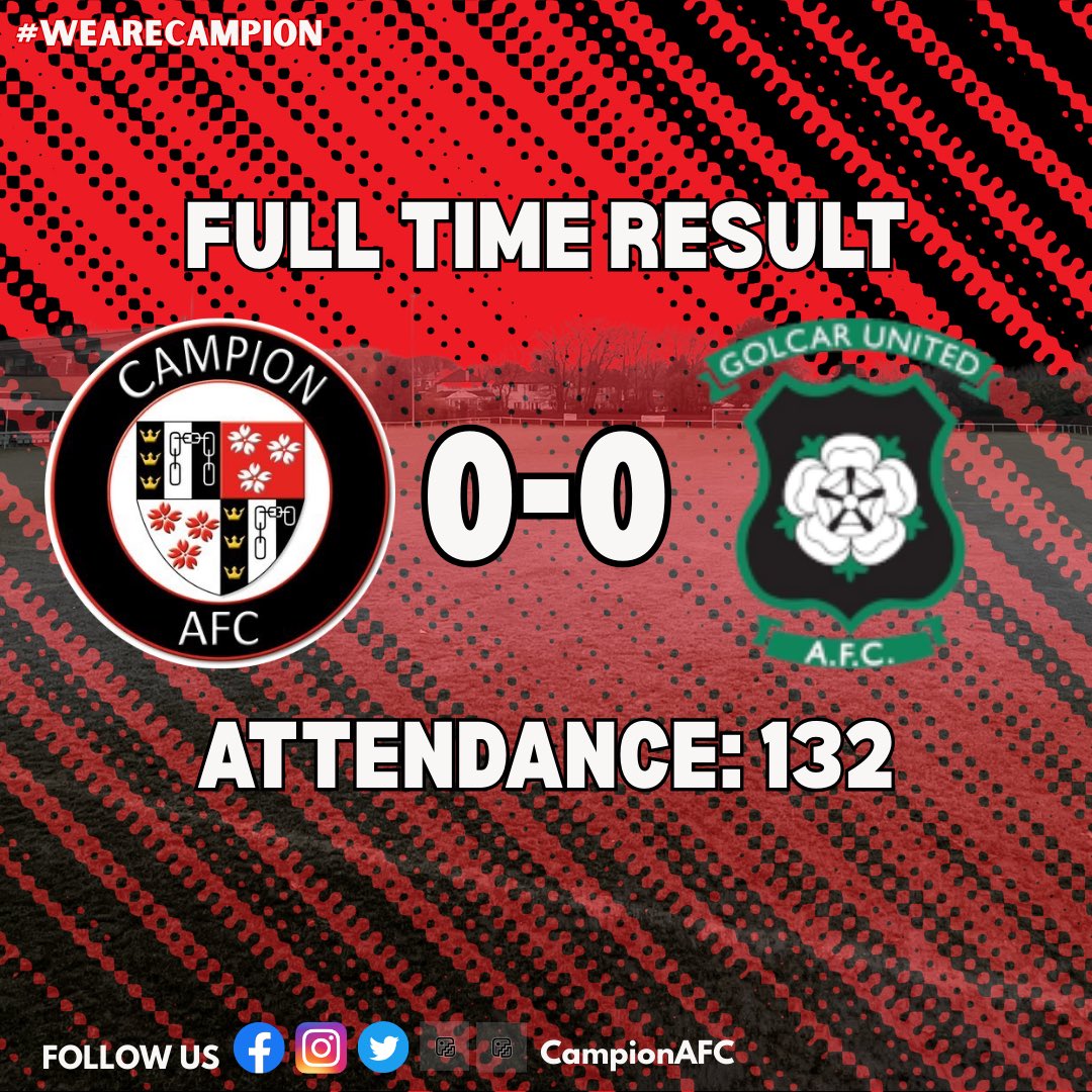 FULL TIME
Campion 0–0 Golcar United

Campion on top in the first half, Golcar edged the second.
Played in horrendous conditions.

#FullTime #WeAreCampion #NCEL