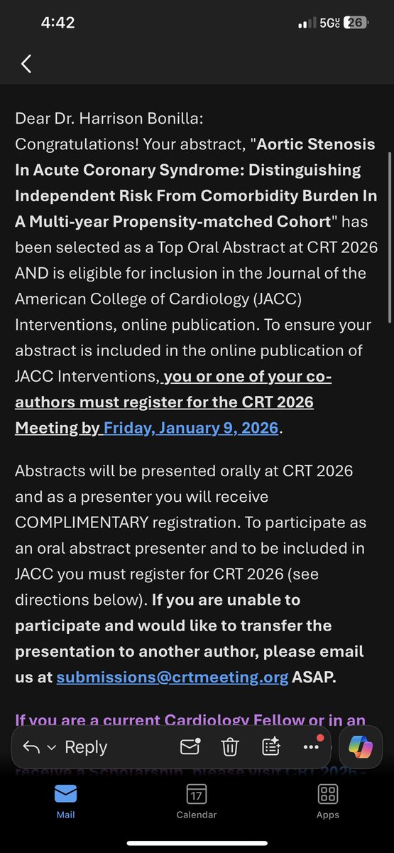 HarrisJBonilla's tweet photo. Excited to share that 6 of my abstracts have been accepted to ACC 2026 and CRT 2026! Looking forward to engaging discussions, new collaborations, and learning alongside leaders in cardiology over the next year.
@ACCinTouch @CRT_meeting #CardioTwitter #CardioX https://t.co/AX7jrtdP7S