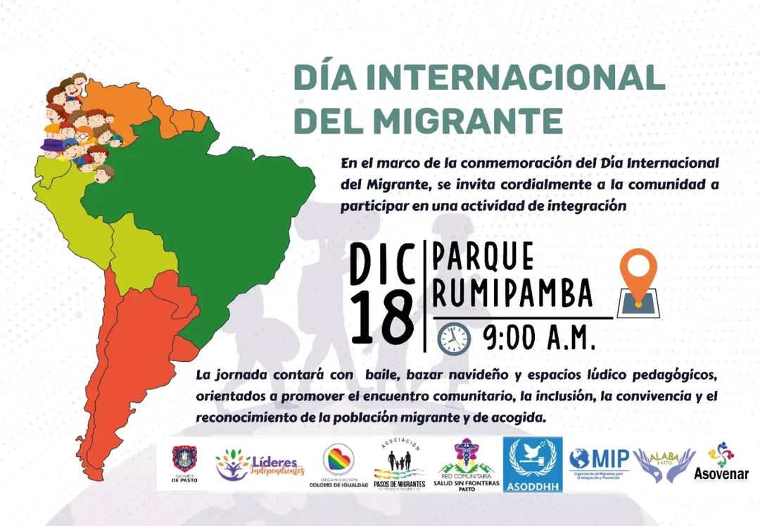 Unidos por los migrantes 

Están todos/as invitados cordialmente a participar del encuentro que llevaremos acabo en el parque Rumipamba de Pasto.

Todos somos migrantes 💙
#asoddhh
#asoddhhcontigo