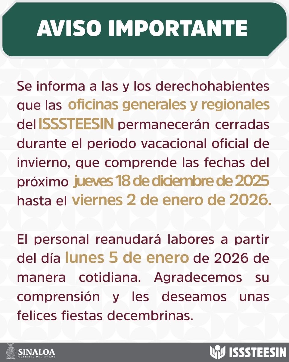 ¡Atención!📢 por motivo de las festividades de fin de año, les informamos que el Instituto tendrá un periodo vacacional que comprende del jueves 18 de diciembre de 2025 hasta el día 02 de enero de 2026.

Retomando labores a partir del día lunes 05 de enero de 2026.