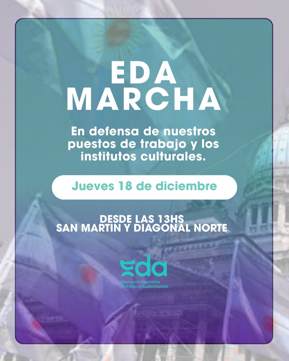 EDA adhiere a la convocatoria en defensa del INT, INCAA, INAMU, FOMECA, RTA y Estatuto del Periodista.
Nos encontraremos desde las 13hs en San Martin y Diagonal Norte, para marchar contra la ley de flexibilización laboral y de desfinanciamiento de los institutos culturales.