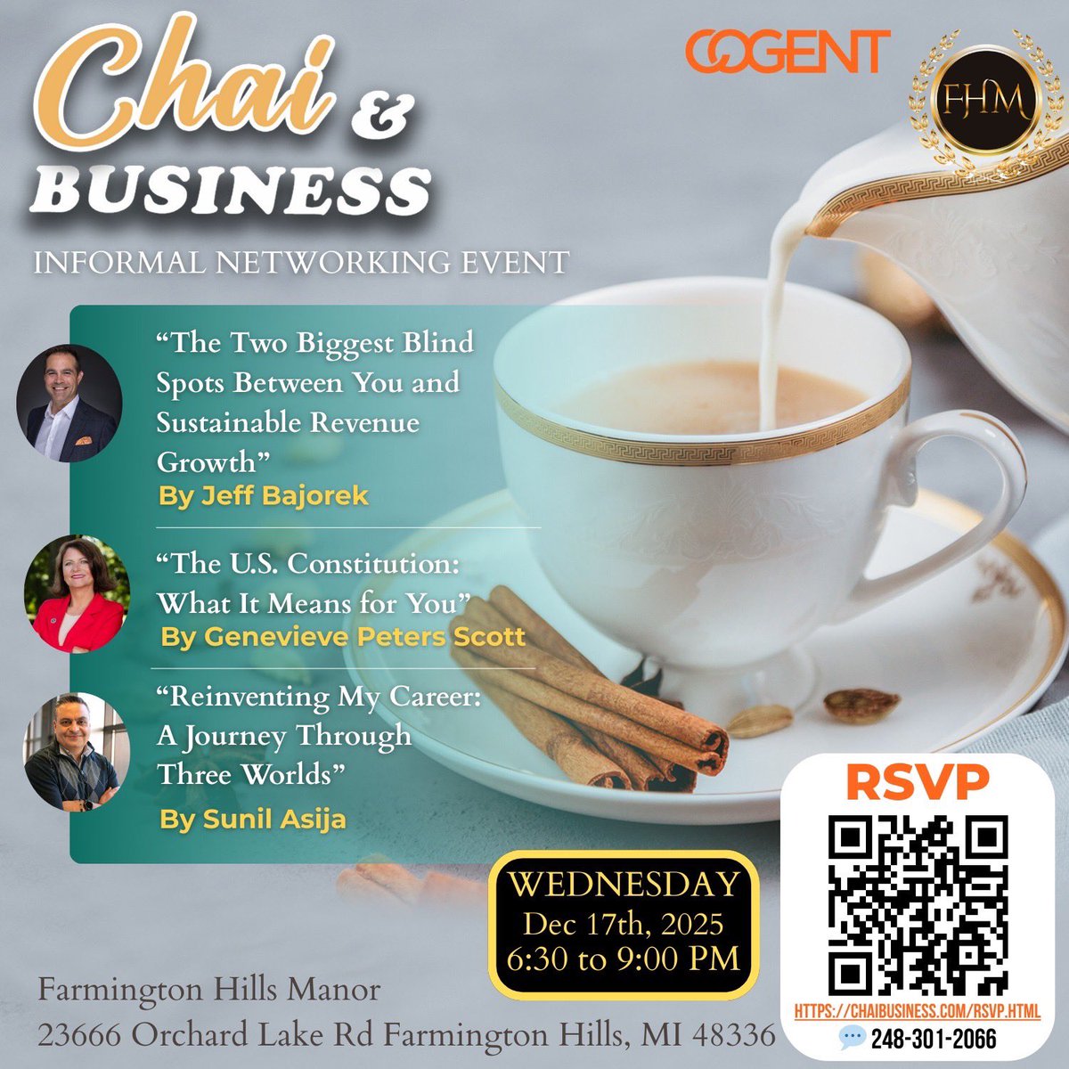 GPSForSenate's tweet image. Join US Senate Candidate Genevieve Peters Scott TONIGHT for some Chai and Business as we talk about the foundation of our country - the United States constitution and how it’s meant to protect small business!  #GPSforSenate.com