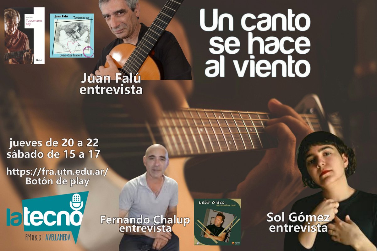 #jueves  Un Canto Se Hace Al Viento, a las 20, por FM La Tecno 88.3 EN fra.utn.edu.ar Botón Play. Entrevistas a Juan Falú, Sol Gómez y Fernando Chalup sobre el material: “León Gieco en nuestra casa”. La música de Vanesa Martín. <a href="/flormeluso/">flormeluso</a>