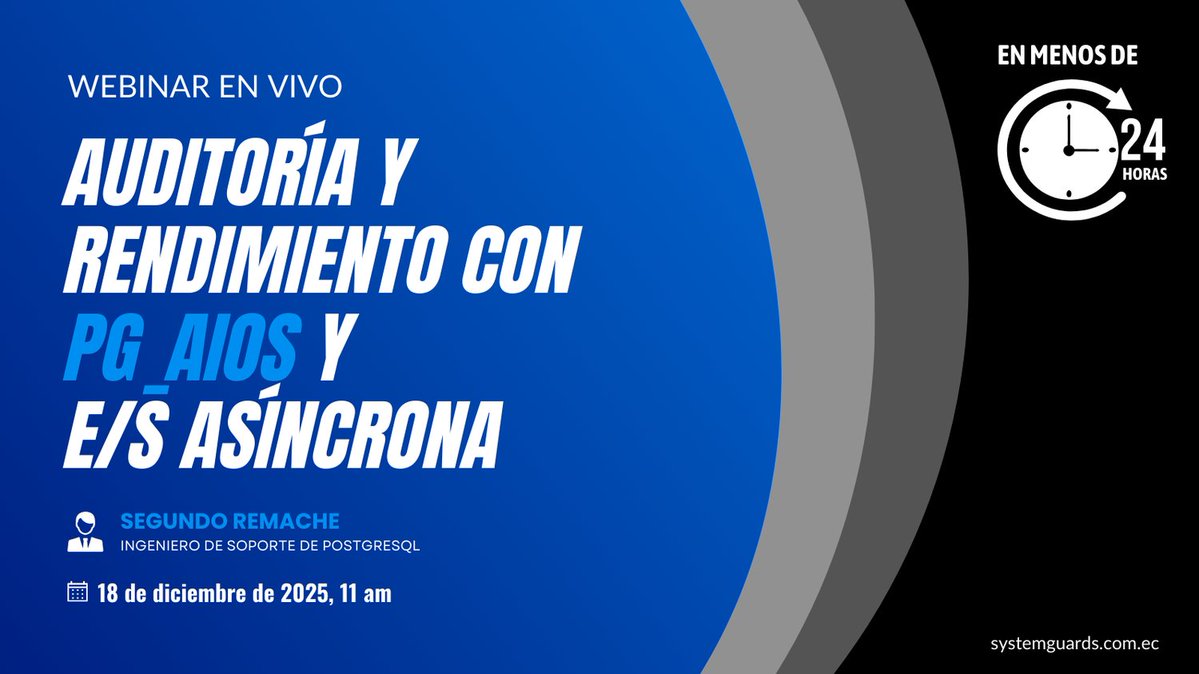 systemguards's tweet image. Domina la auditoría en PostgreSQL con pg_aios. En el webinar gratuito que empieza en menos de 24 horas, SYSTEMGUARDS te guía para registrar operaciones de lectura, mejorar trazabilidad y maximizar rendimiento usando E/S asíncrona. Reserva tu lugar en 👉 us02web.zoom.us/webinar/regist…