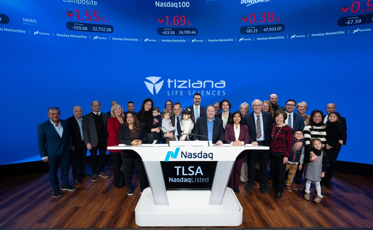 NasdaqExchange's tweet image. ⚕️ @TizianaLS a clinical-stage biopharmaceutical company developing breakthrough therapies using transformational drug delivery technologies. 
🎊 Proud to call you #NasdaqListed, $TLSA!