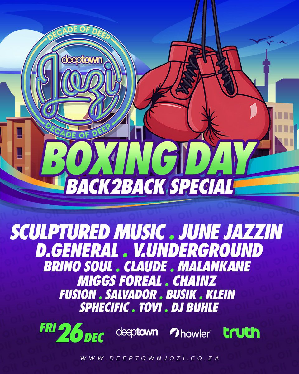 TOVI565's tweet photo. On The 26th Dec
Boxing Day 🤌🥳
One of Johannesburg’s most iconic nightlife institutions hosts the grand finale of Deep Town Jozi's #DECADEOFDEEP.
10 years of party hosting have culminated into our FIRST EVER B2B BOXING DAY SPECIAL 🥊🥊🥊
DoJoinUs
🎟️ https://t.co/dQ1jSXuspK https://t.co/QRoMkIztk9