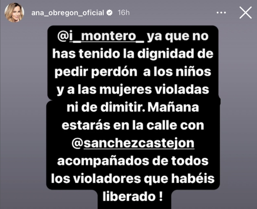 Ana Obregón acusó a Irene Montero y Pedro Sánchez de "sacar a la calle a violadores". Ella compró un bebé por vientre de alquiler con el esperma de su hijo fallecido, mantuvo una relación con el pedófilo Epstein y le introdujo en nuestro país para hacer negocios con la oligarquía