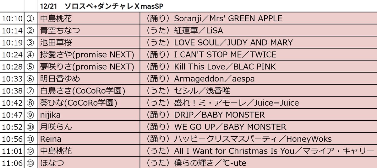 出演順＆歌唱曲/使用曲発表‼️】 12月21日(日) 「ソロスペ+ダンチャレ