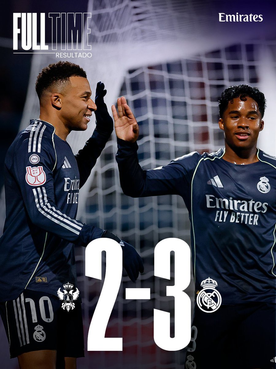 SecteurRM_'s tweet photo. • Match terminé.
Le Real s’impose 2-3 contre Talavera et se qualifie pour les huitièmes de finale de la Copa del Rey.
Mbappé ⚽️⚽️
Farrando (CSC) ⚽️
#RMCopa #HalaMadrid 🤍 https://t.co/TMejqdICaO