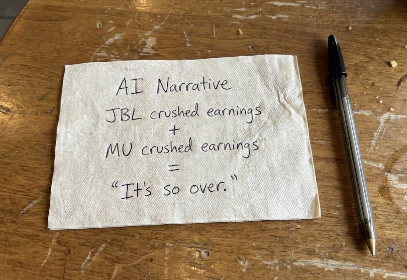 NapkinMath's tweet image. $JBL and $MU crushing their quarters and somehow the AI narrative is “it’s so over.”