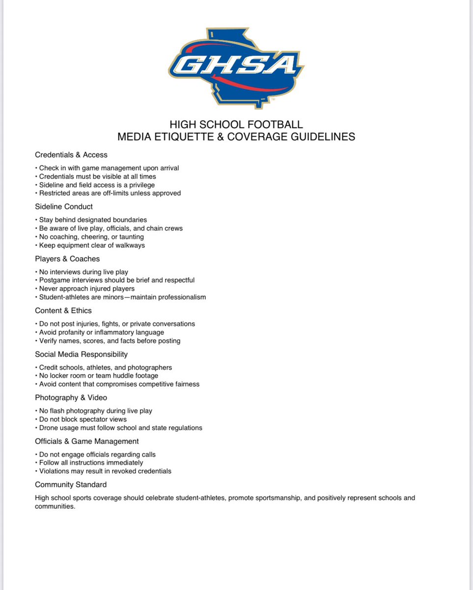 OfficialGHSA's tweet image. Always good to remember media etiquette on a “Friday Night” under the lights!