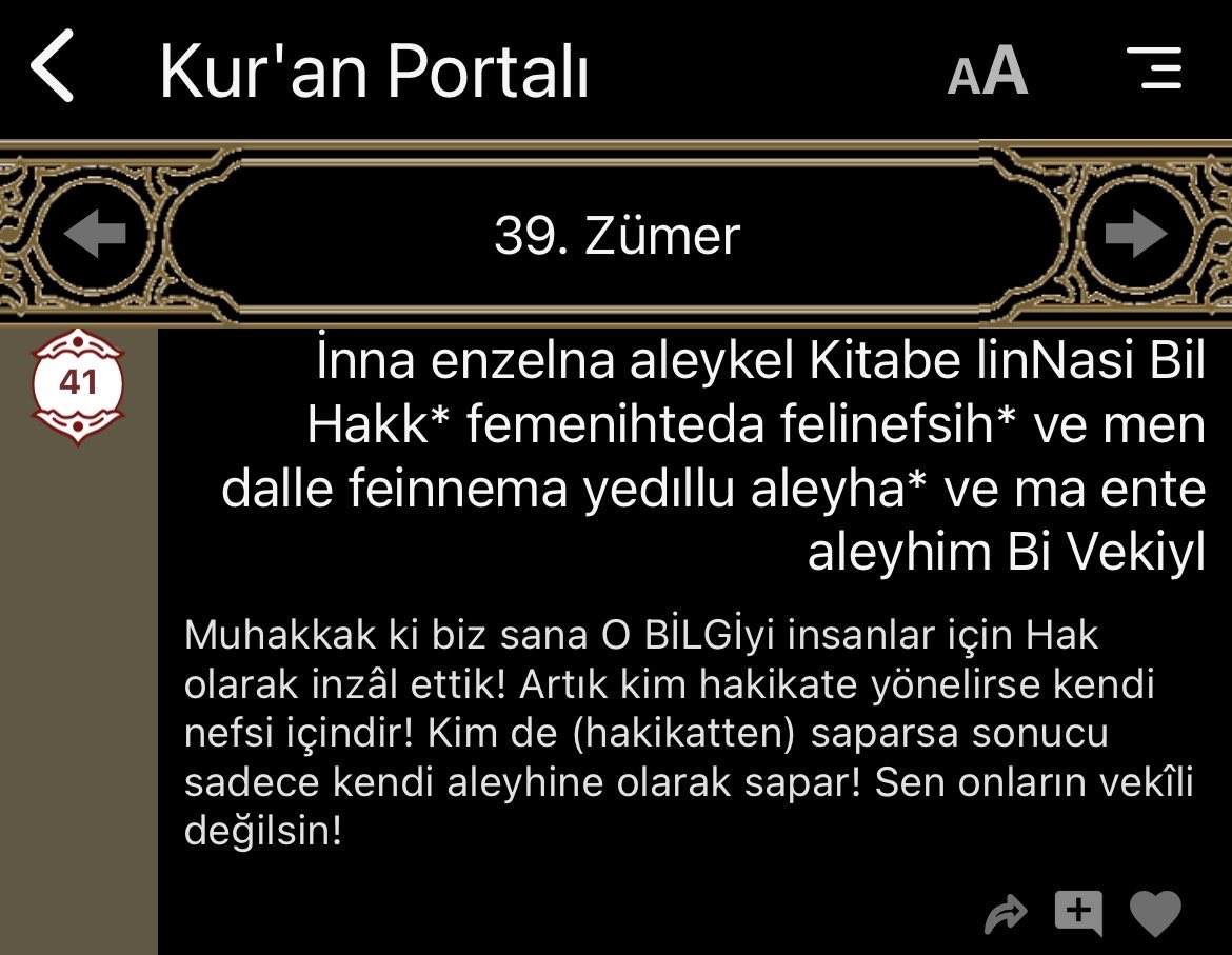 ahdavud's tweet photo. Muhakkak ki biz sana O BİLGİyi insanlar için Hak olarak inzâl ettik! Artık kim hakikate yönelirse kendi nefsi içindir!
Kim de (hakikatten) saparsa sonucu #sadece
kendi #aleyhine olarak #sapar!
Sen onların vekîli değilsin!
39.:41. https://t.co/JCThgjC4Te