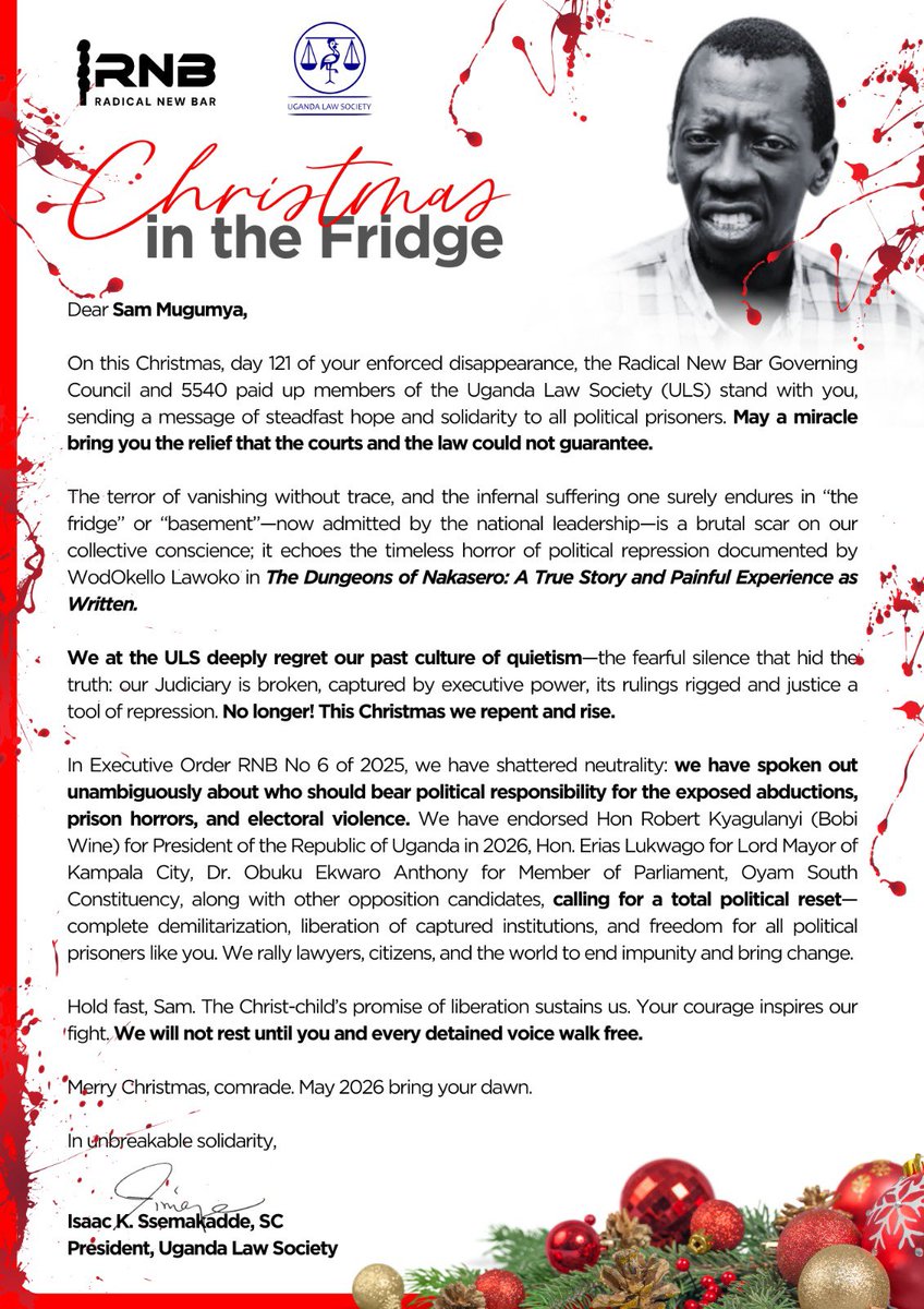 IsaacSsemakadde's tweet photo. DEAR COMRADE @SamMugumya: Forgive us our fearful silence that hid the truth. #RadicalNewBar #NoGulag #NoApology #FreeAllPoliticalPrisoners #VoteAndStay https://t.co/9yqOQLuxpL