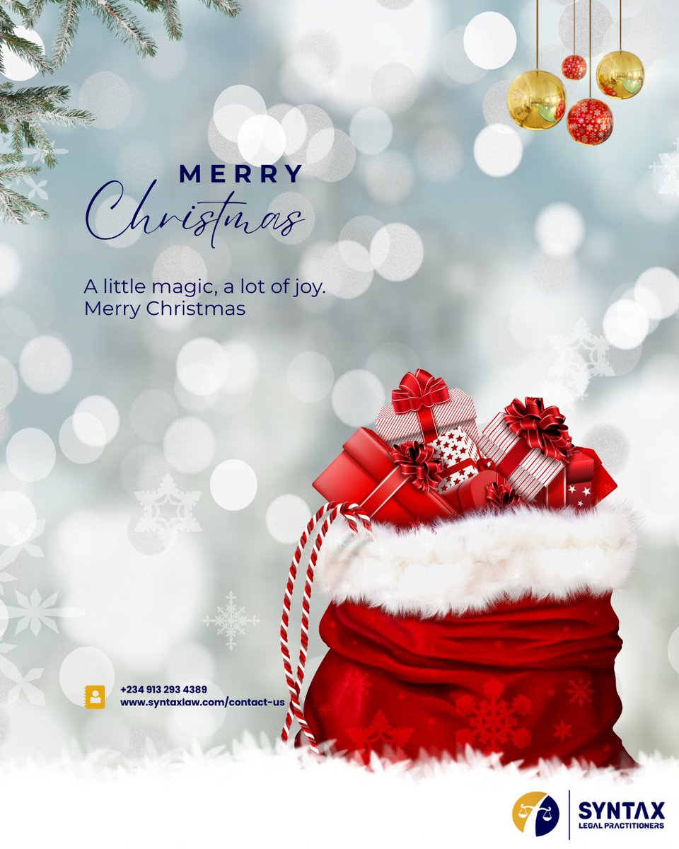 Syntax Legal Practitioners wishes you and your loved ones a holiday filled with moments of warmth, laughter, and festive cheer. 

Merry Christmas 🎄✨
 #HappyHolidays
#LawyerInLagos