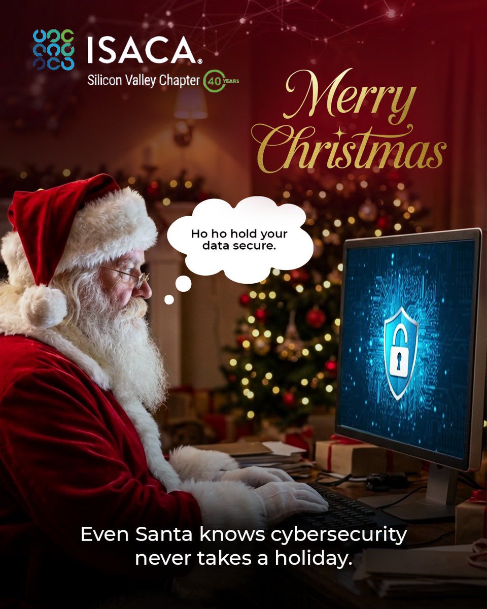 ISACASVEngage's tweet photo. Even Santa understands that cybersecurity is a year-round responsibility. 
Wishing everyone a secure and resilient holiday season.

#cybersecurity #infosec #dataprotection #cyberawareness https://t.co/a13wJ8WMNm