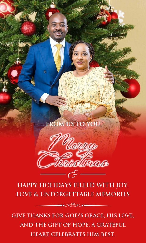 MarlvinGudyanga's tweet image. • “Merry Christmas and happy holidays filled with joy, love and unforgettable memories”, from the first family.
• Thank you President Nelson Chamisa @nelsonchamisa and our First Lady for the Christmas message. 
#GodBlessYou
#GodBlessZimbabwe
#Godisinit