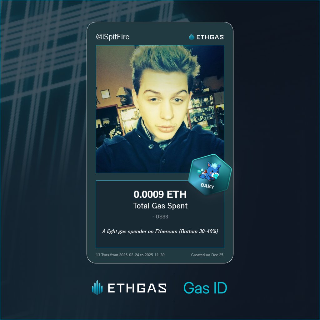 iSpitFire's tweet photo. Just unlocked my Gas ID via ETHGas 🪪

I'm a Baby Jack with 0.0009 ETH spent on gas since Beacon Chain - now fueling my climb to the Gasless Future and earned 1 Beans already. 

Reveal yours at https://t.co/S6HrZ1Fcez https://t.co/HCluKjYhvp