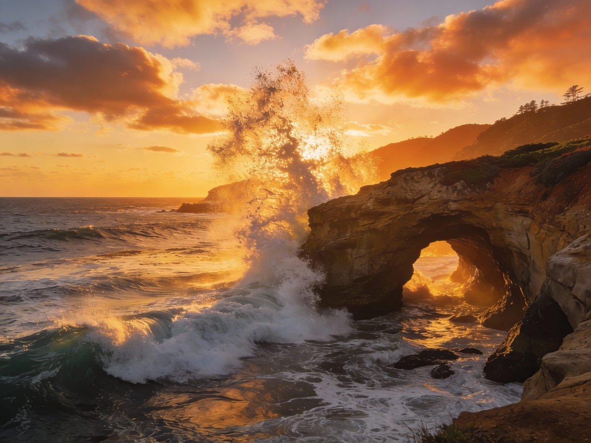 p_chusaengsri's tweet photo. Waves crash against a rock arch at sunset, creating a golden glow with dramatic clouds above the ocean.
#SunsetWaves #OceanArch #GoldenGlow #DramaticSkies #NaturePhotography https://t.co/dkamrUfX4l
