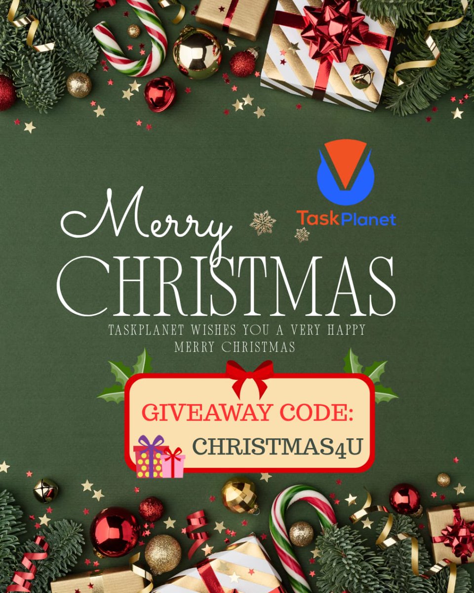 taskplanetpro's tweet photo. 🎄✨ Merry Christmas from TaskPlanet! ✨🎄
Celebrate the season of joy with rewards 🎁
Use Giveaway Code: CHRISTMAS4U and unlock exciting bonuses today 🚀

🎅 Hurry up, festive rewards won’t wait!
👉 Redeem now &amp; make your Christmas more rewarding 💸✨
#MerryChristmas #TaskPlanet https://t.co/GTJXWouhQE